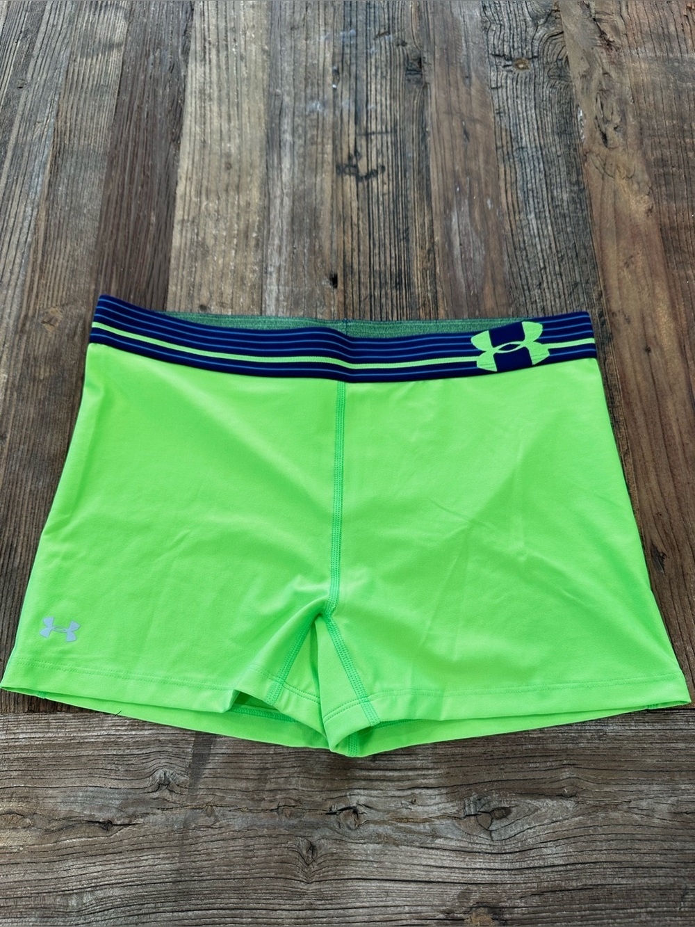 Under Armour Bright Lime Green Compression Shorts with Navy Stripe Waistband